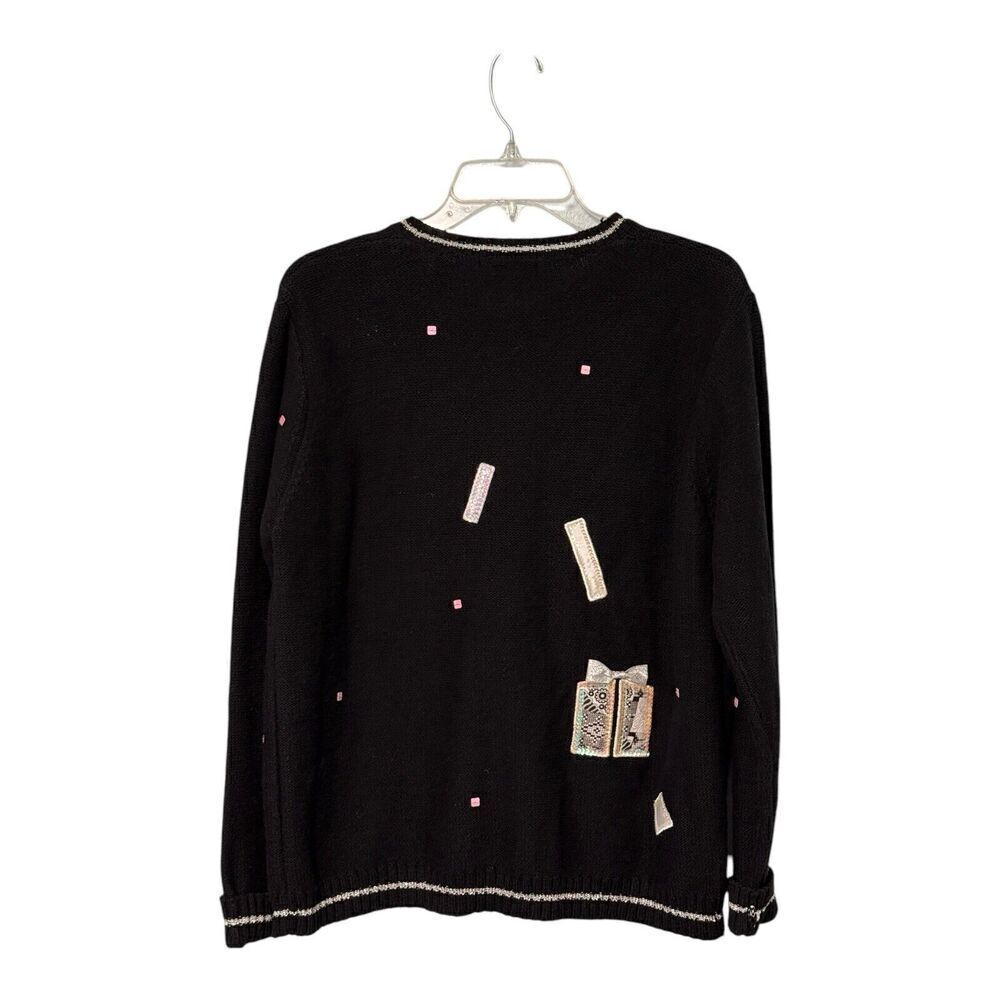 Vtg Karen Scott Womens Present Gift Print Cardigan Size PL Beaded Bows Patchwork - Picture 2 of 8